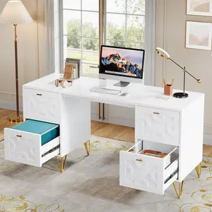 LITTLE TREE 59-Inch White Executive Computer Desk with 4 File Drawers Storage, Modern Writing Table, Luxury Desk with Gold Legs for Home Office