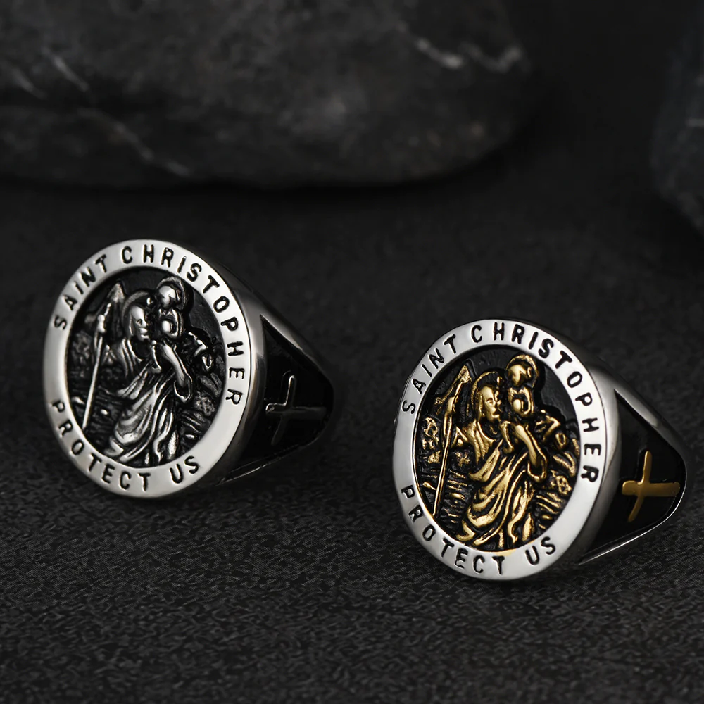 FaithHeart St. Christopher Signet Ring for Men Stainless Steel