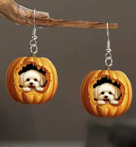 1 Pair Acrylic 2D Cute Pumpkin Dog Design Earrings, Creative Fashion Cartoon Earrings Gift For Women