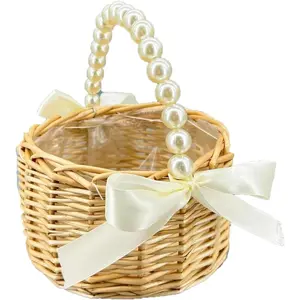 Wicker Rattan Flower Girl Basket with Bows, Pearl Handle, For Wedding and Home Decorations