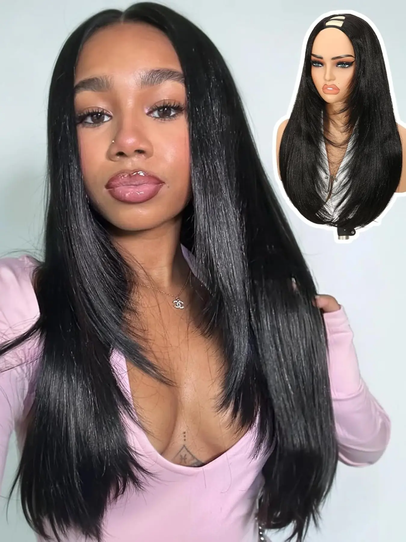 Women's Yaki Straight Layered U Part Wig, Glueless Clip-In Half Wig, Convenient Wigs, Realistic Natural Look, Heat-Resistant Synthetic Hair, Synthetic Material Wigs