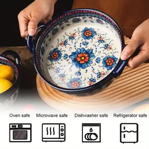 Vintage Ceramic Casserole Dish with Handles, Round Flowers Bakeware, Ceramic Baking Dish, Microwave Safe and Oven Safe for All Seasons, Ideal for Christmas Halloween and Parties