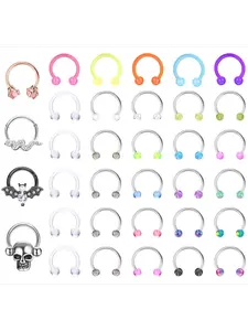 34 Pcs Colorful Acrylic Surgical Steel Horseshoe Piercing Set for Women Men Versatile Unisex Nose Ear Hoop Jewelry Everyday Cartilage Helix Tragus Hoops Stylish Septum Horseshoe Rings Creative Bat Septum Piercings for Lip Eyebrow Decoration
