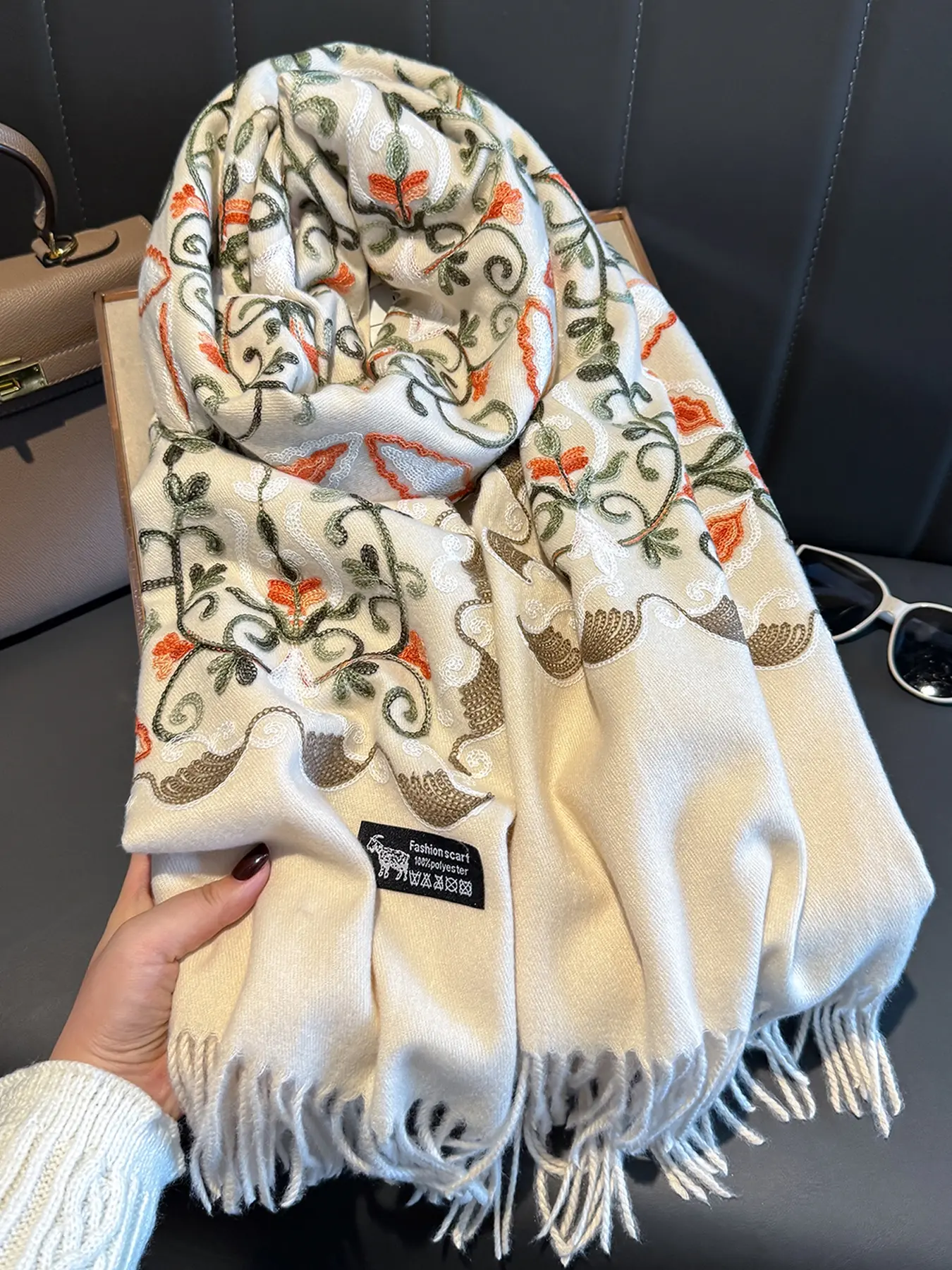Women's Fall Winter Warm Embroidered Scarf, Fashionable Two-Sided Plant Print Fringe Trim Shawl, Casual Fitted Head Wrap for Daily Wear, Floral Print Shawl, Floral Pattern Shawl