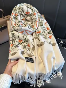 Women's Fall Winter Warm Embroidered Scarf, Fashionable Two-Sided Plant Print Fringe Shawl, Casual Fitted Head Wrap for Daily Wear, Floral Print Shawl, Floral Pattern Shawl