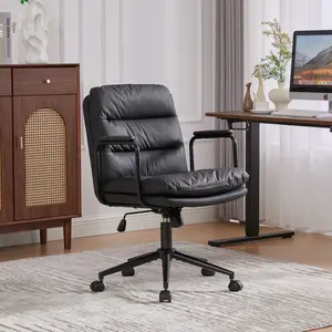 Mid Back Ergonomic Office Chair, PU Leather Rolling Swivel Chair, Padded Armrests, Reclinable Backrest, Height Adjustable, Lockable Recline, Retro Brown for Multi-scene Use