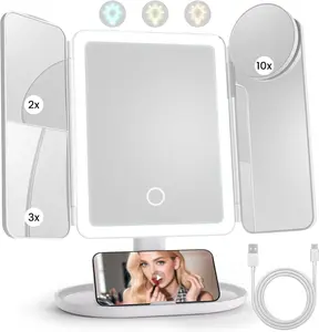 Adjustable lighting Portable LED Light Makeup Mirror, VanityMirror with Lights, 3-fold Foldable Rechargeable Mirror with 2x 3x & 10xMagnification, Touch Control Mirror for Travel& Bedroom Use, Rechargeable Trifold Mirror