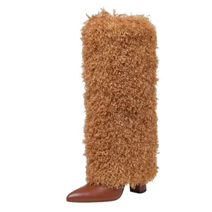 Colorful Pointed-Toe Faux Fur Fluffy Knee-High Stiletto Heel Women's Boot