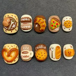 T179 Lynn Bakery Treats Press-On Nails, 3D Cookie, Coffee & Bread Charms, Pizza Slice & Croissant Details, Cute Dessert Theme, Handmade Foodie Style