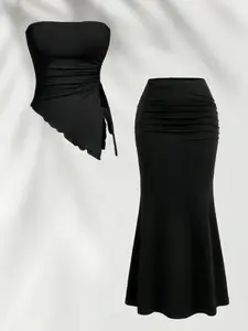 Sexy Strapless Halter Top & High Waist Mermaid Skirt Set, Spring Slim Fit Ruched Design, Perfect for Night Out, Fashionable Two-Piece