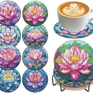 8 pieces/set of diamond painted coasters set with lotus pattern coasters (with holder) - DIY diamond art craft kit for home decoration beginners, diamond craft supplies, artificial diamond art craft supplies gifts, Diamond Painting Coasters
