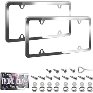 Stainless Steel License Plate Frames Silver Fit Standard US License Plate 4 Holes Rustproof License Plate Holders With Chrome Screw Caps, 2pcs