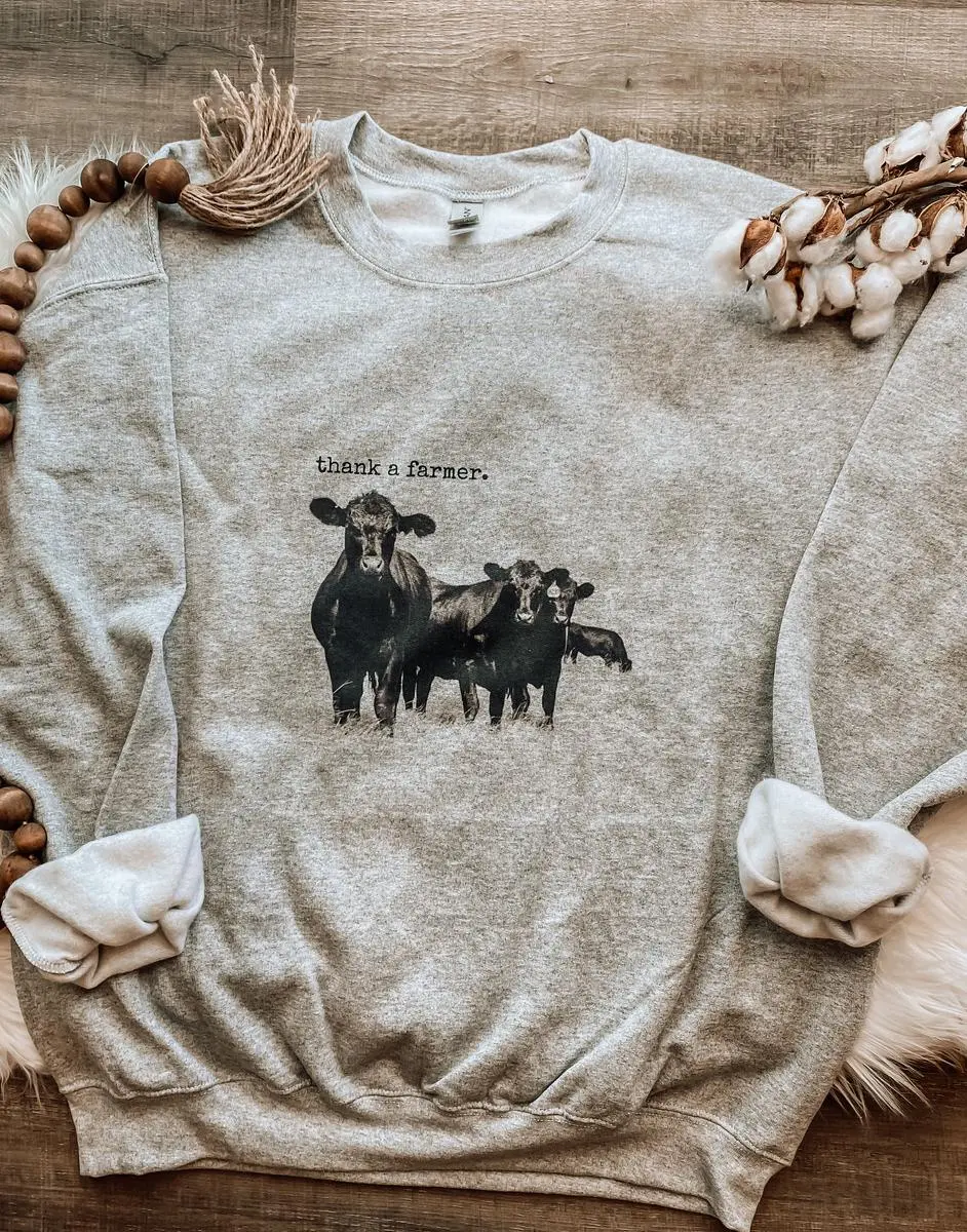Thank a Farmer Support Local Farmers Cozy Crewneck Sweatshirt, Farmers Wife, Small Town Vibes, Womens Cow Crewneck, Ranch Shirt