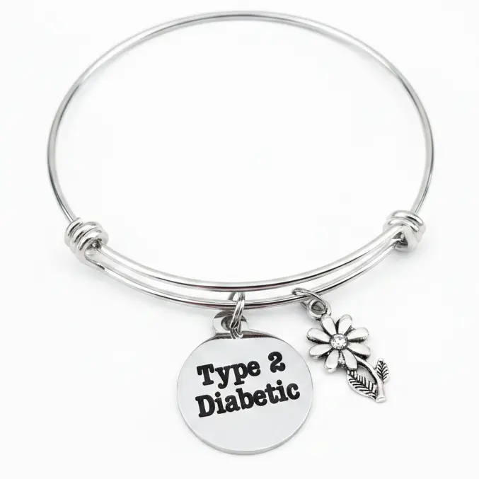 Type 2 Diabetic Charm Bracelet – Silver Expandable Bangle with Daisy | Diabetes Awareness Gift