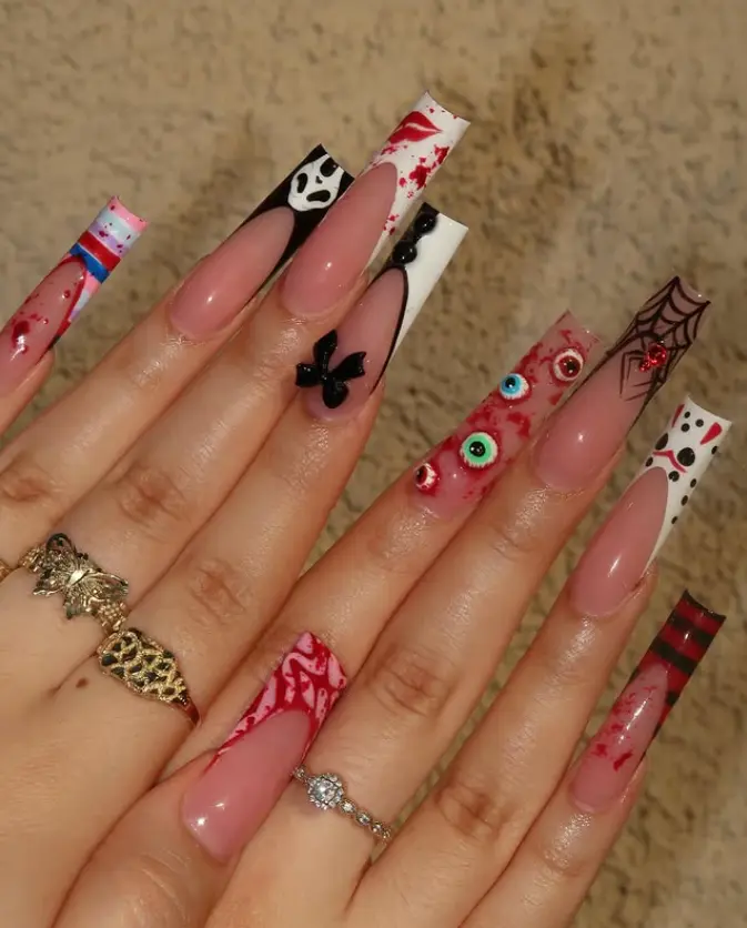 Horror Movie Halloween Press On Nails Long Square Fake Nails 3D Eyeballs Blood Ghost Spider Web Goth Grunge Y2K False Nails Handmade Reusable Acrylic Manicure for Women Cosplay Party Spooky Season Custom Nail Accessories