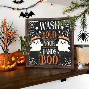 Please Wash Your Hands Halloween Ghost Bathroom Decor Wood Frame Painting 8x8in, Wall & Tabletop Decoration, Unique Gift for Sisters, Wooden Home Sign, Vintage Plaque Decor