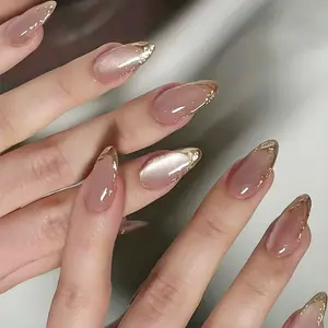 New Design 3D Cat Eye Nail Art, Nude Base Silver Color Trim, Removable Fake Nails for Daily Wear, Party Use, Includes Removal Tool