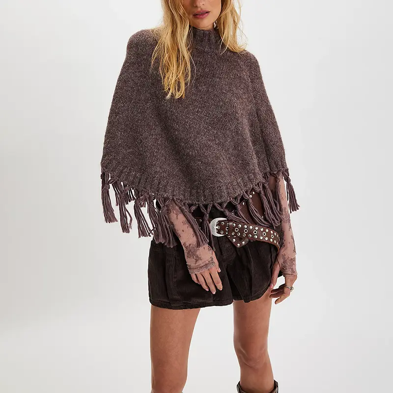 Women's High Neck Viscose Blend Knit Poncho Sweater - 1 One Size Longsleeves Full Sleeve Pullover, Fashionable Solid Color Tasseled Casual Loose Fit Top, Shawls
