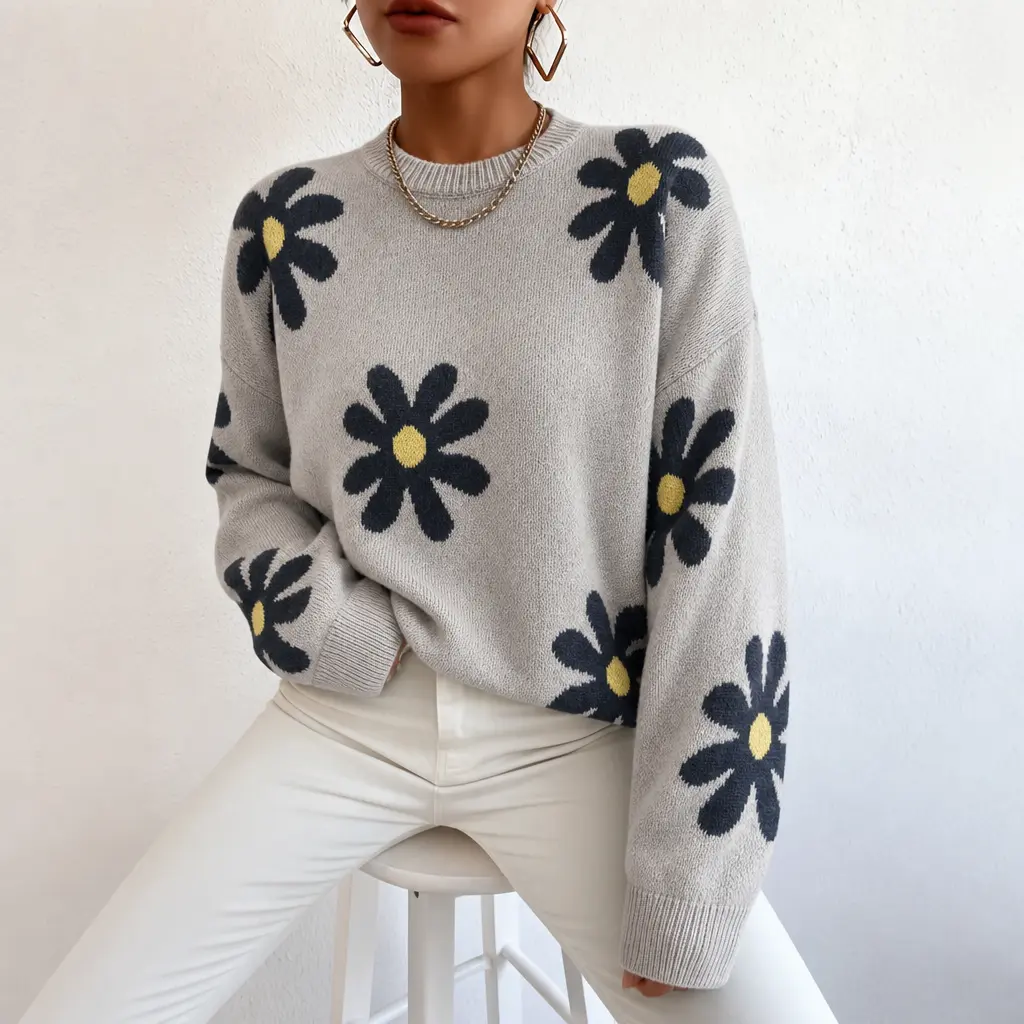 Women's Oversized Floral Knit Sweater Crewneck Long Sleeve Pullover Cozy Aesthetic Graphic Jumper Y2K Slouchy Tops Casual Fall Winter Warm Chic Outerwear Vintage Harajuku Style Streetwear Sweaters for Ladies Teen Girls Soft Chunky Knitwear Apparel