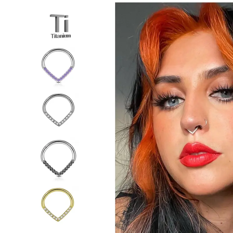 OUFER BODY JEWELRY 16G Titanium V-Shape Septum Clicker, Rhinestone