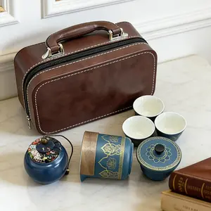 Elegant Ceramic Tea Set with Enamel Craft, Gold and Blue Gold Options, Tea Cup Set, Tea Pot Set, Portable Design for Outdoor Camping, Business Travel, Home Use, Aesthetic