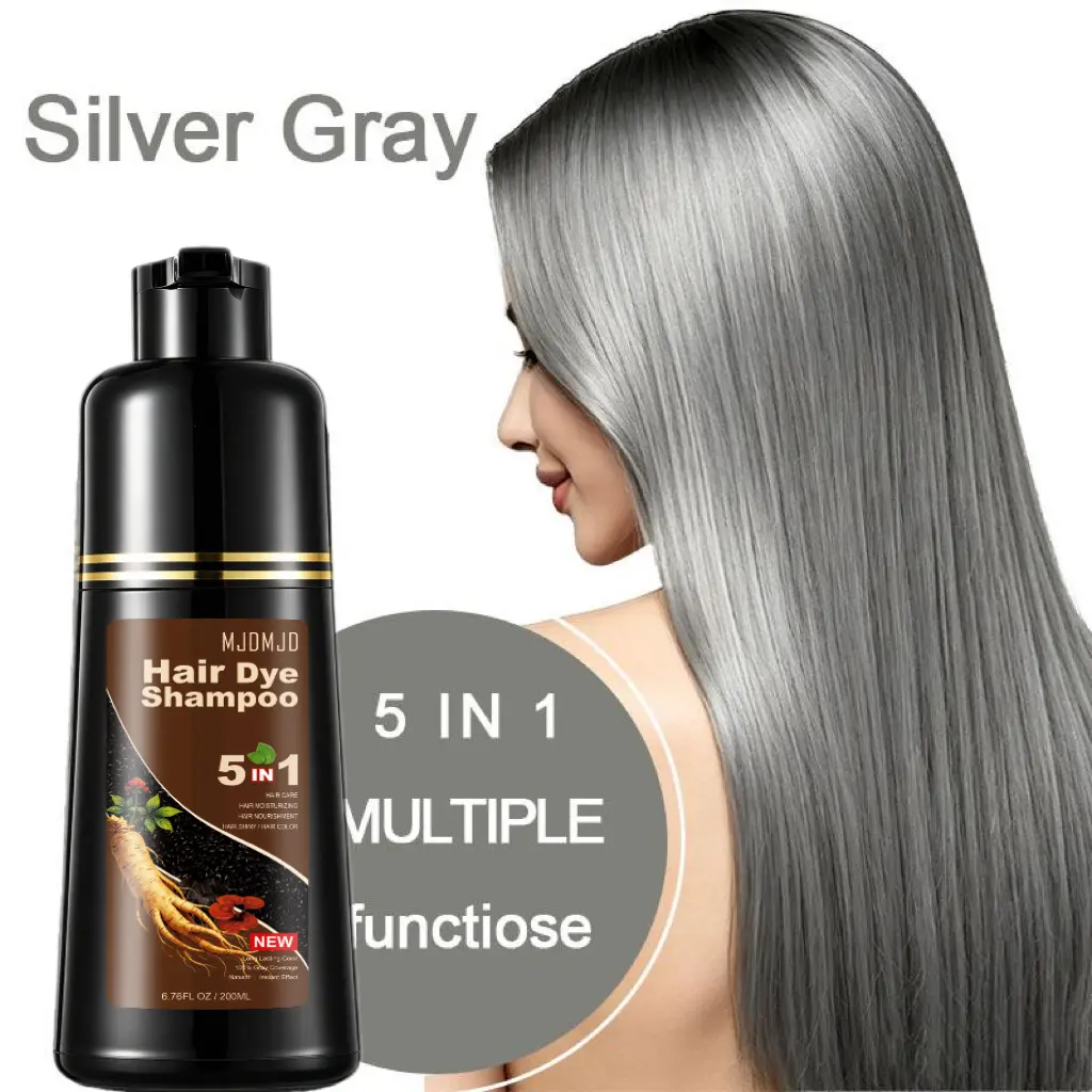 Silver Gray 5-in-1 Hair Dye Shampoo for Gray Hair Coverage, Semi-Permanent Hair Color, Moisturizing & Nourishing Formula, Instant Coloring Hair Care for Women & Men, Easy At-Home Use, Travel Size 200ml