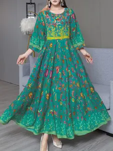 Middle Eastern Bohemian Dress with Embroidery, Vintage Long Skirt for Casual Beach Vacation, Elegant and Cultural Flair, Modest Bohemian Style