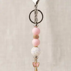 Pink Butterfly Charm Beaded Keychain | Handmade Pearl Keyring