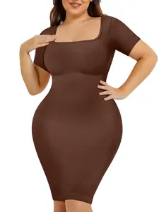 Women's High Elastic Bodycon Dress Short Sleeve Mid-Length Shapewear, Casual Slim Fit Skirt for All Seasons, Kardashian Style