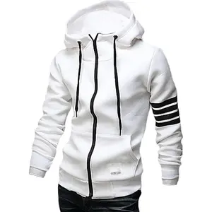 Men's Hoodies Casual Striped Drawstring Hooded And Zipper Closure Hoodie Slim Fit Fleece Sweatshirt With Pockets
