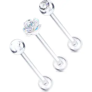 3PCS Plastic Tongue Rings, Clear Tongue Piercing Retainers for Surgery, Cute Flower Tongue Jewelry, 14G Clear CZ Nipple Piercing Jewelry-16MM