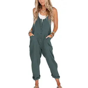 Tanming Women's Linen Cotton Overalls Pants - Casual Loose Sleeveless Jumpsuits with Adjustable Straps, Pockets, Rust Color for Summer #SpringStatements