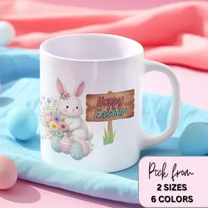 Easter Mug, Floral Easter Coffee Cup, Bunny Cup, Ceramic Mug for Springtime or Holiday Decor, Bunny Easter Mug
