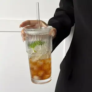🧊 Romanticize your morning iced coffee routine. Ribbed Glass Tumbler with Straw | Aesthetic Fluted Iced Coffee Cup, Vintage Clear Glassware, Summer Drinkware (1 PC Only)