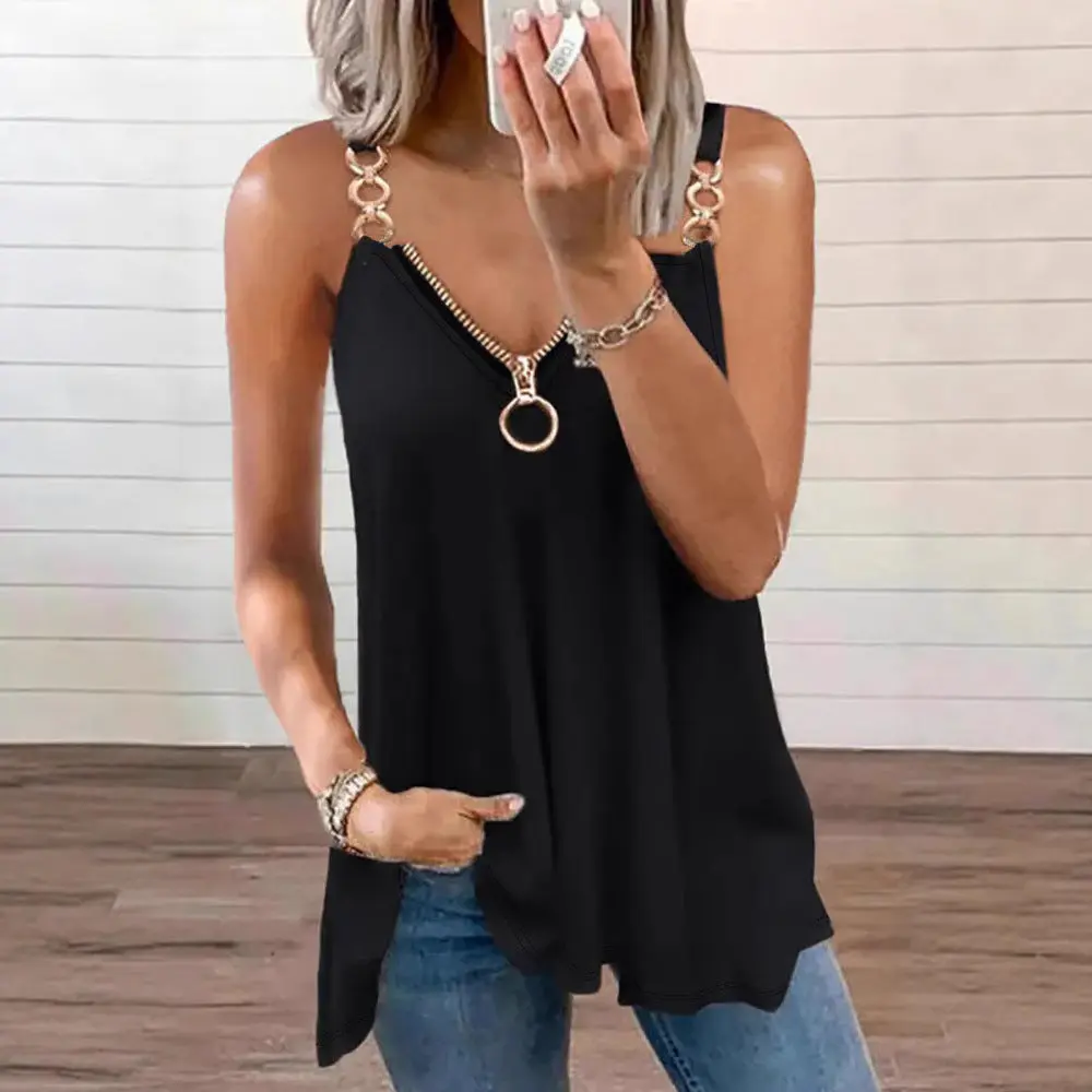 New Womens Sexy Sleeveless V-neck Camisole With Zipper T-shirt