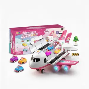 Pink Airplane Toy with 6 Truck Cars and Play Mat,Plane with Lights and Sounds for 3 4 5 6 7 Years Old Toddlers Boys and Girls,Birthday Gift Idea for Kids