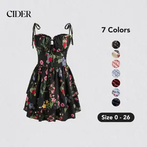 Cider [7 colors, size 0-26] Woven Floral & Fruit Ruffle Hem Knotted Layered Mini Dress [LIVE ONLY]