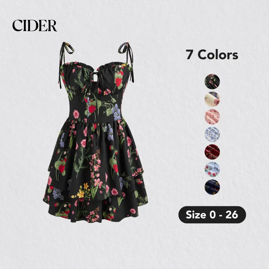 Cider [7 colors, size 0-26] Woven Floral & Fruit Ruffle Hem Knotted Layered Mini Dress SummerFinds