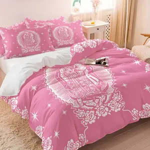 Paper-Cutting Art Pink Religious Duvet Cover Set and 1-2 Pillowcases No Pillows, Virgin Image Paired with White Rose & Four-Pointed Star Elements, Comfortable Soft, Sacred Gentle Bedroom Decor Gift Choice