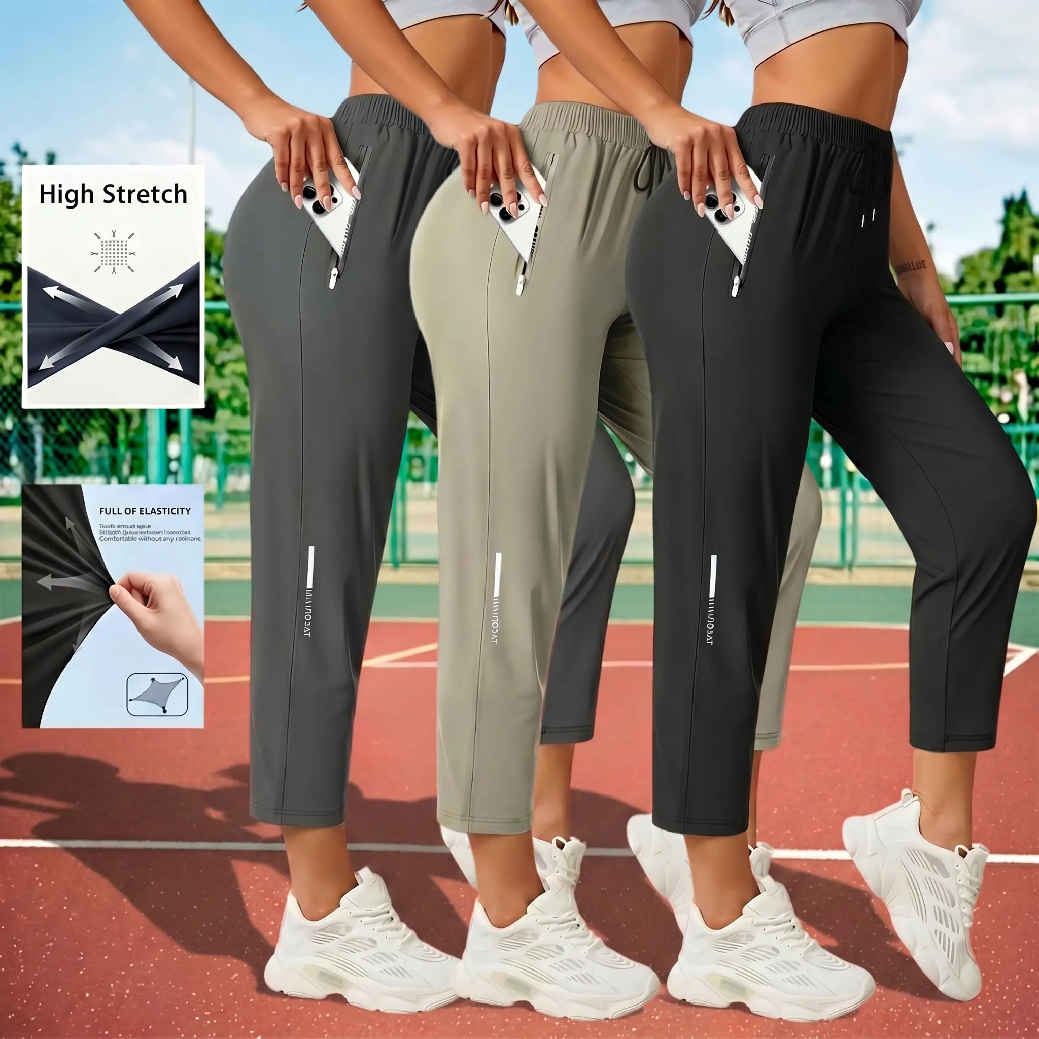 1 piece women’s ice silk breathable high-stretch capri pants with drawstring waist and zippered pockets, comfortable and skin-friendly, yoga training pants suitable for outdoor activities, jogging, Pilates, gym workouts, and home wear.