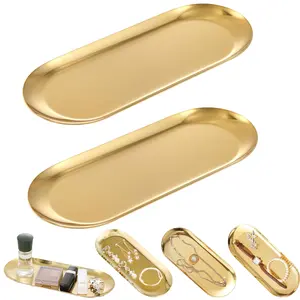 Stainless Steel Decorative Tray, 2Pcs, Jewelry Tray For Cosmetics Storage In Bathroom, Entryway, Countertop, 10.2/7 Inches Long, Miscellaneous Serving Tray, Small Storage Tray, Bathroom Counter Organizer, Oval Shape, Christmas, Halloween, Gift