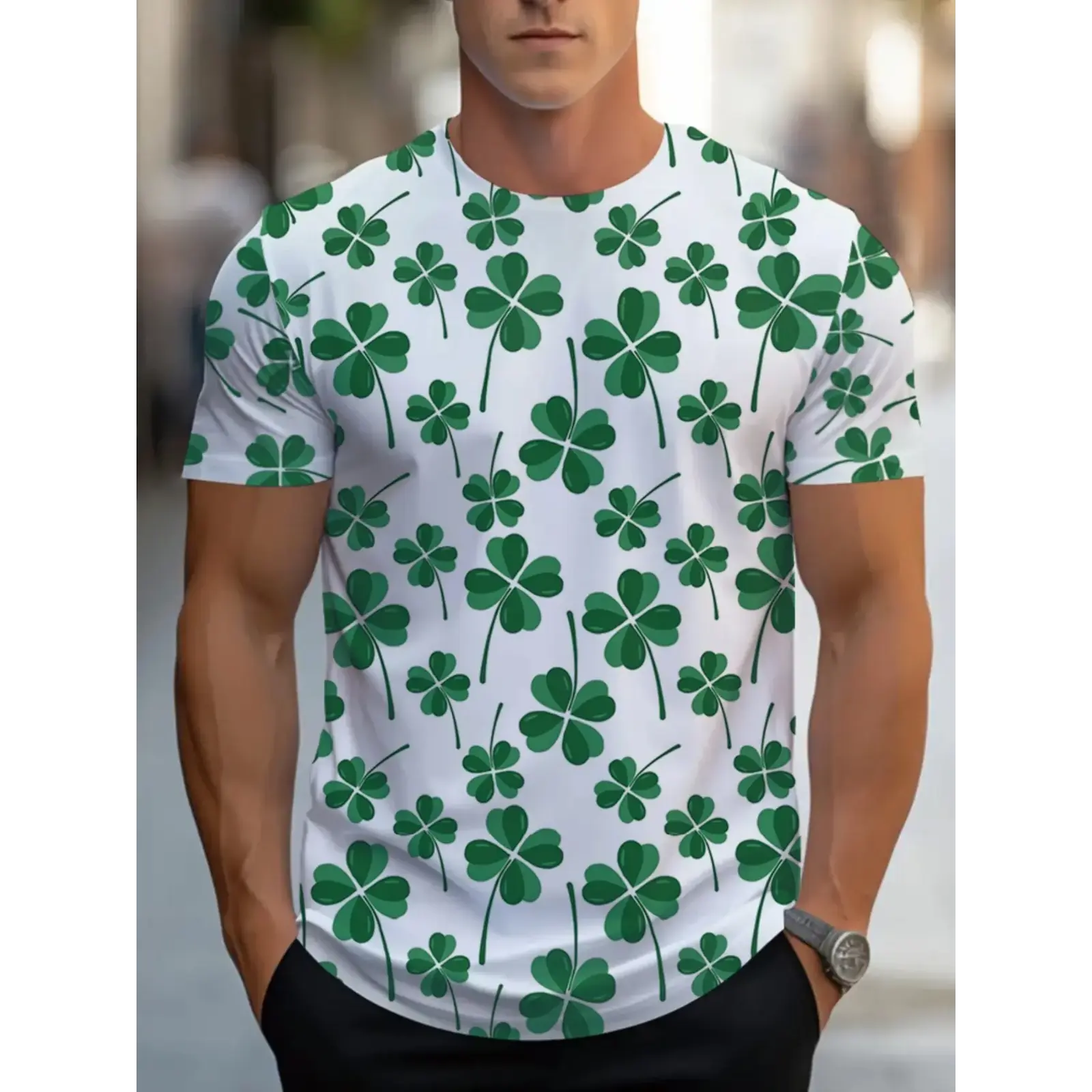 Men's Creative Lucky Clover Geometric Print Long T-Shirt, St Patrick's Day Festive Celebration, Casual Fit, Comfortable Wear, Ideal Gift for Special Occasions
