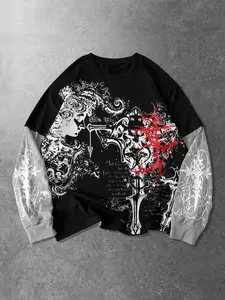 Oversized Gothic Graphic Long Sleeve Fitted T-Shirt - False Two-Piece Layered Casual Streetwear Top - Dark Aesthetic Grunge Apparel with Red Thorn Print for Men and Women