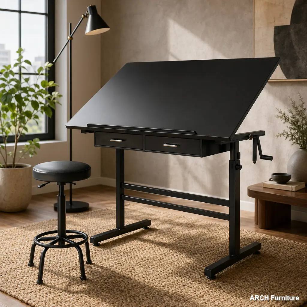 Black Ergonomic Compact Adjustable Drafting Table Drawing Desk - 75-105cm Height Adjustment via Hand Crank, 2 Metal Drawers, Included Stool, Dual Drawers Comfortable Desk, Compact Adjustable Desks, Dual Drawers Desks