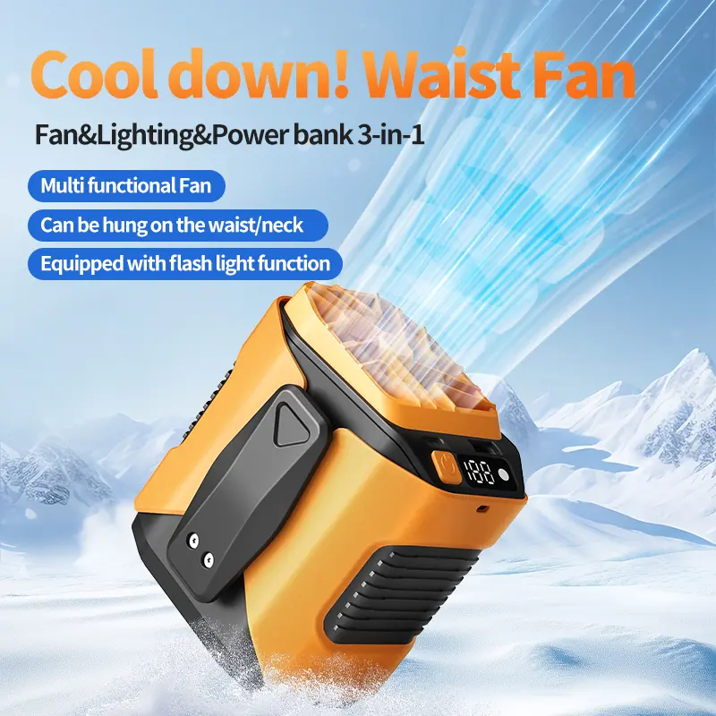 JOYYE Portable Waist Fan, Portable Fan Rechargeable Adjustable High-speed Fan with LED Lights & Flashlight, Ideal for Camping and Summer Travel Gifts