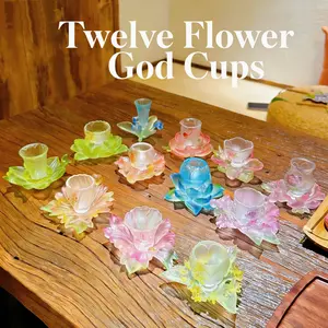 [12 Flower Spirits] Colored Glaze Cup Saucer Set, Handmade Each for Monthly Flower, Chinese Aesthetic Tea Table Accessory, Home Decoration &amp; Practical Ornament, 12-Piece Gift Box, For Holidays &amp; Eastern Culture Enthusiasts