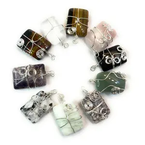 Wire Wrapped Rectangular Gemstone/Crystal Pendant with Swirl wire wrapping