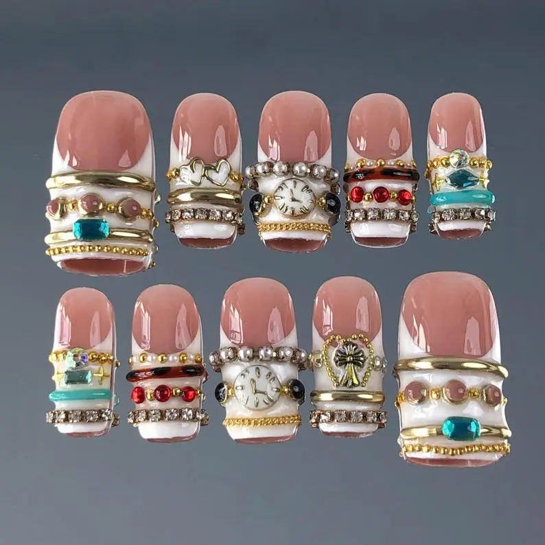 Handmade Vintage Jewel Press On Nails Nude Pastel Watch Charm Gemstone Gold Detail