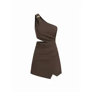 Cider Asymmetrical Neck Metal Detail Cut Out Ruched Mini Dress