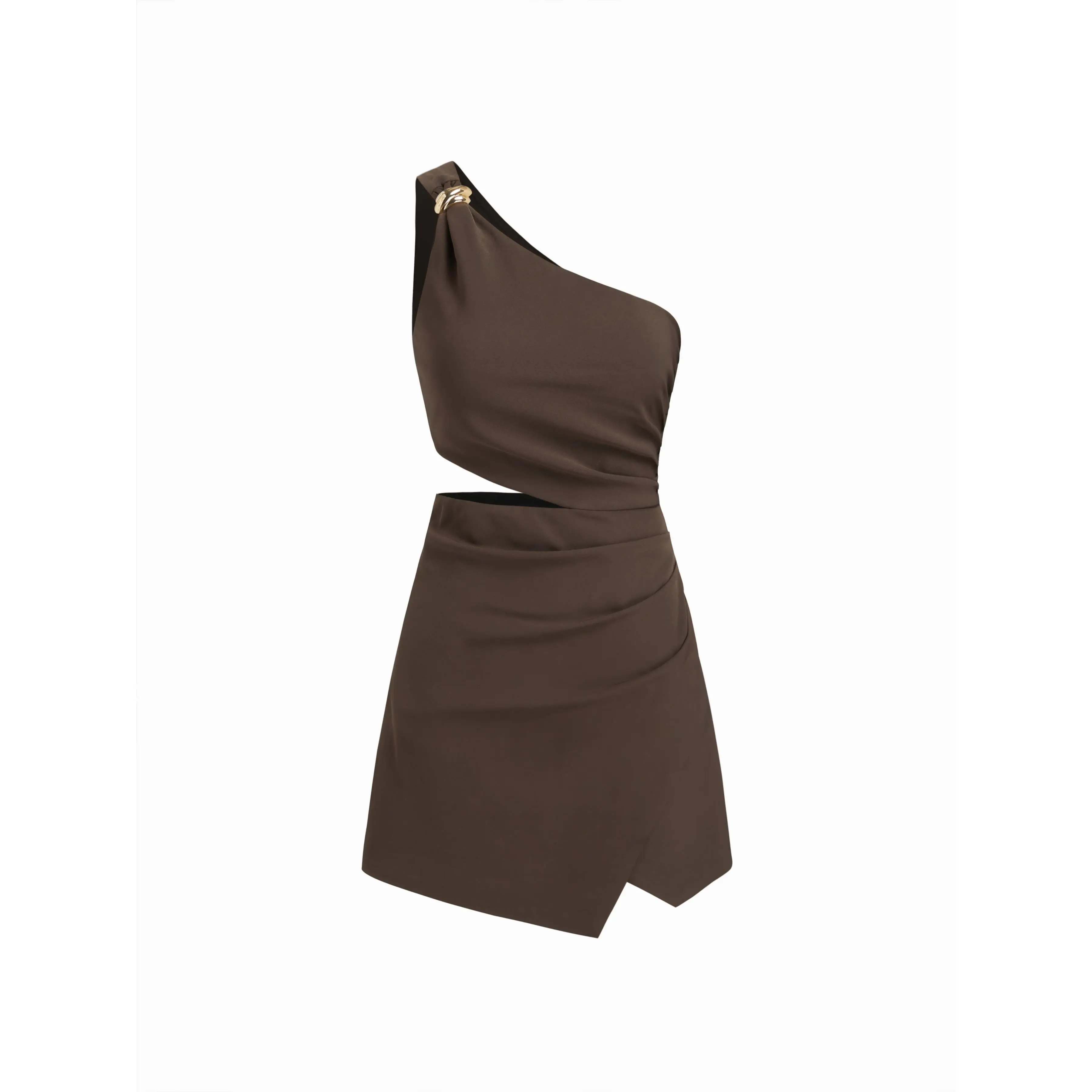 Cider Asymmetrical Neck Metal Detail Cut Out Ruched Mini Dress